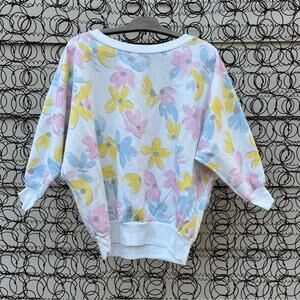 Vintage 80s Crop Batwing Floral Yellow Pink Sweatshirt Bijo New York Large
